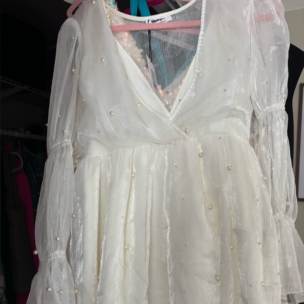 ASOS White Sheer Pearl-Embellished Dress